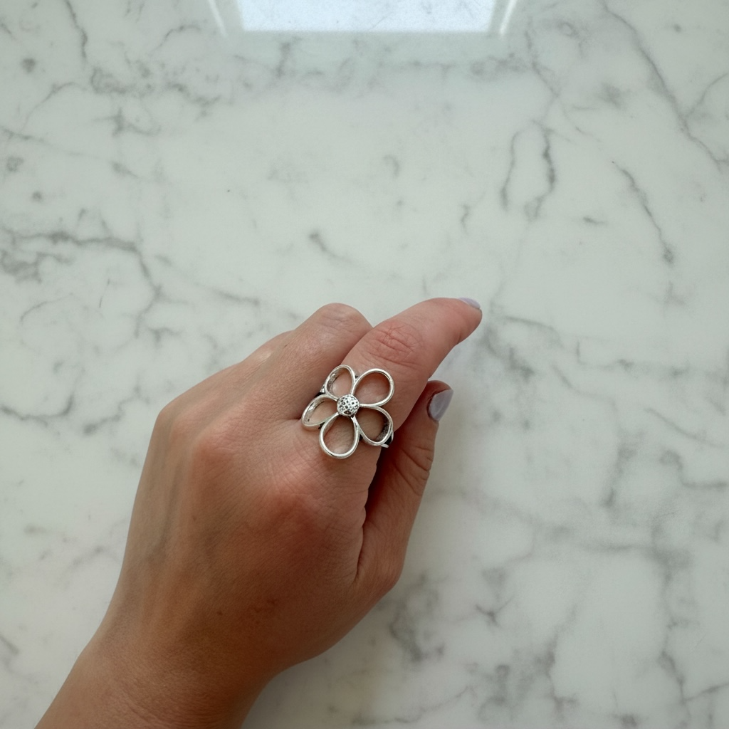 Open ring-Silver with Antique Finish- Large Flower