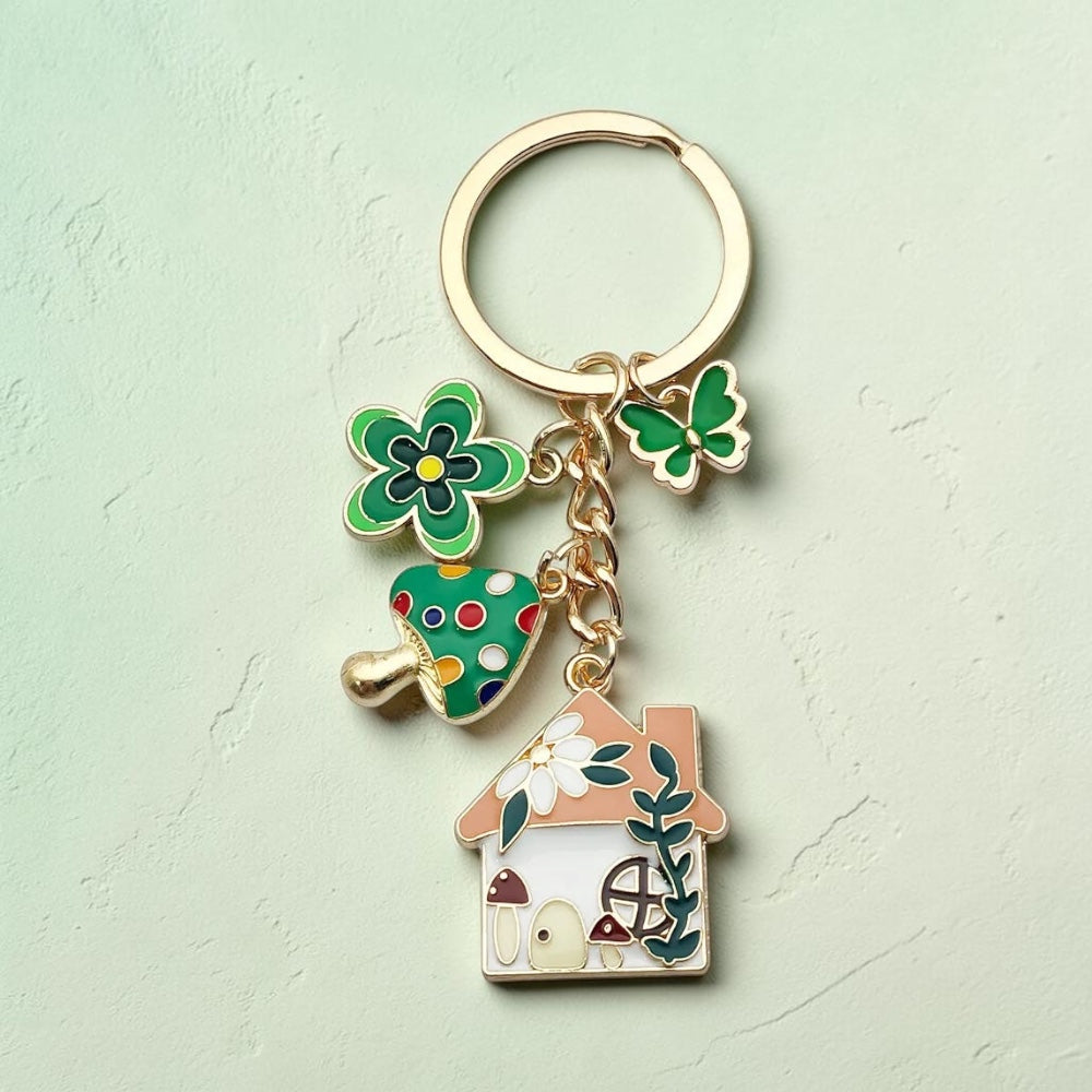 Keychain-Blue Butterfly Flower Mushroom House