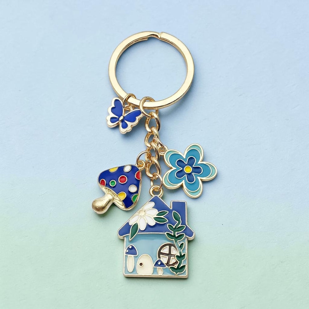 Keychain-Blue Butterfly Flower Mushroom House