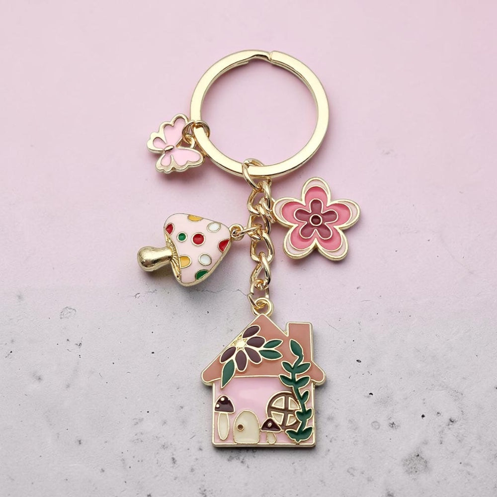 Keychain-Blue Butterfly Flower Mushroom House