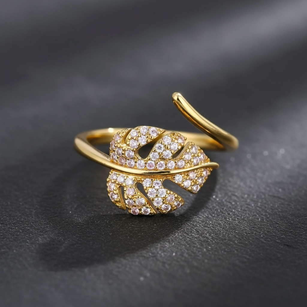 Adjustable Ring- Gold Full Drill Leaf