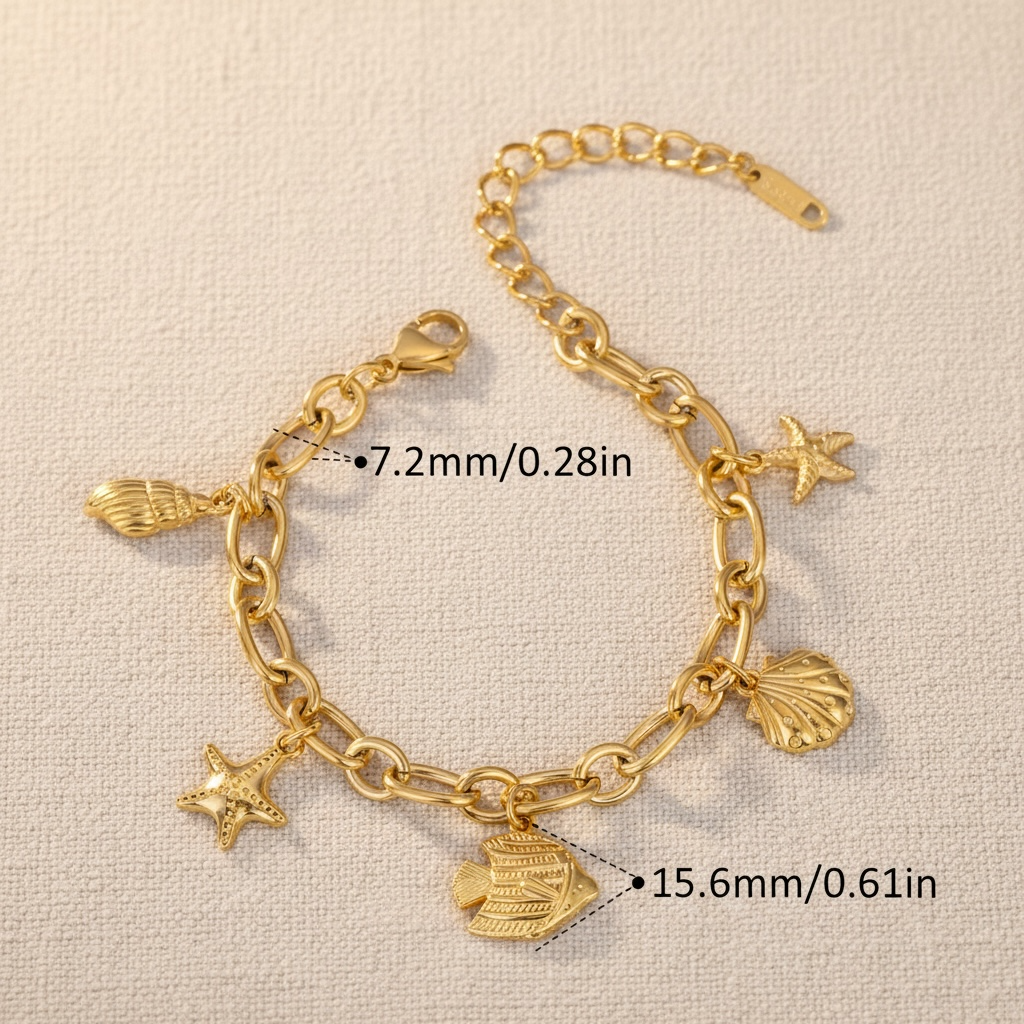 Ocean Theme Charm Bracelet Stainless Steel Gold Plated Seashell Starfish Fish Pendants