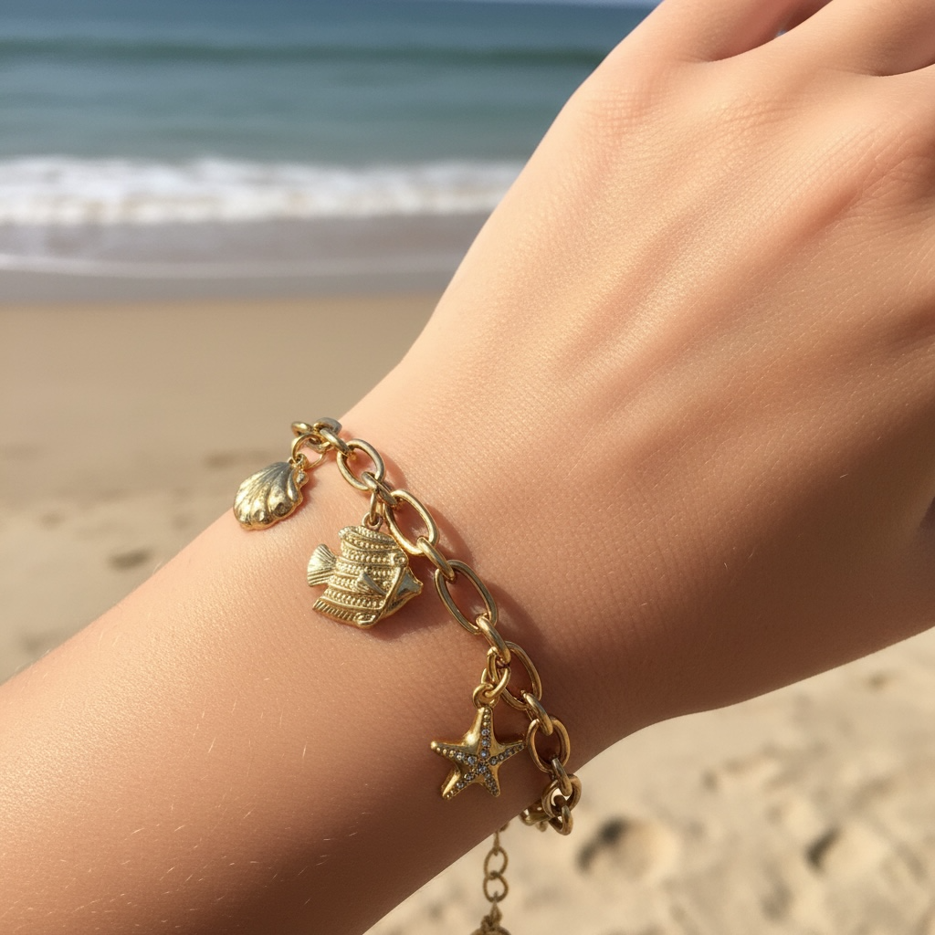 Ocean Theme Charm Bracelet Stainless Steel Gold Plated Seashell Starfish Fish Pendants