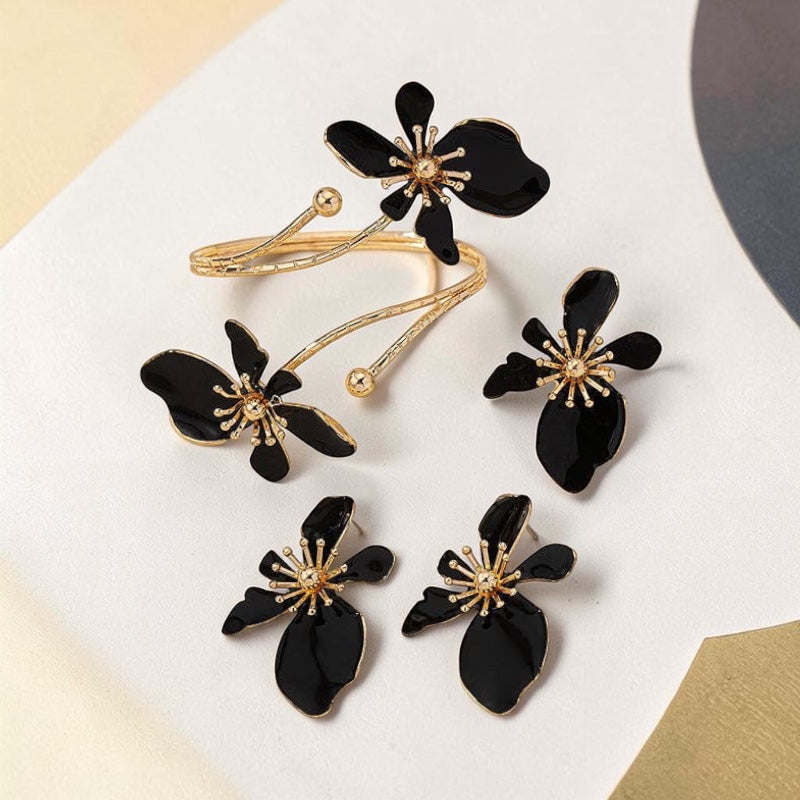 Flower Shape Bracelet + Earrings + Ring- Adjustable. Three Pieces