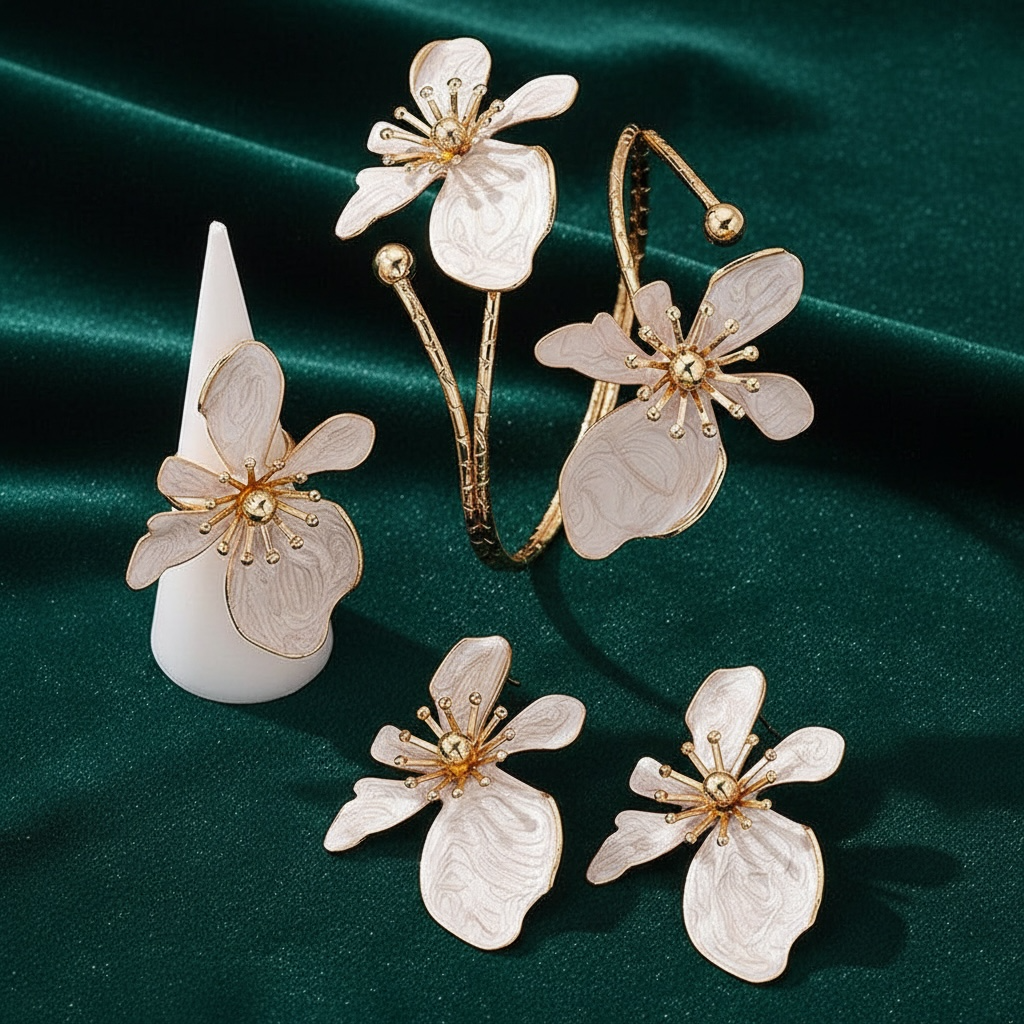 Flower Shape Bracelet + Earrings + Ring- Adjustable. Three Pieces