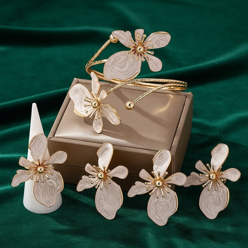 Flower Shape Bracelet + Earrings + Ring- Adjustable. Three Pieces