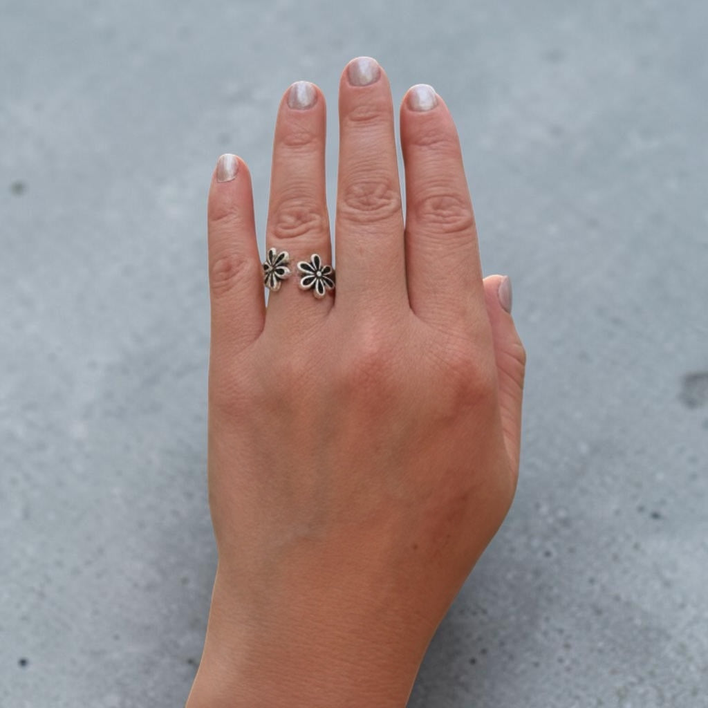 Open ring-Silver with Antique Finish-Two Flowers