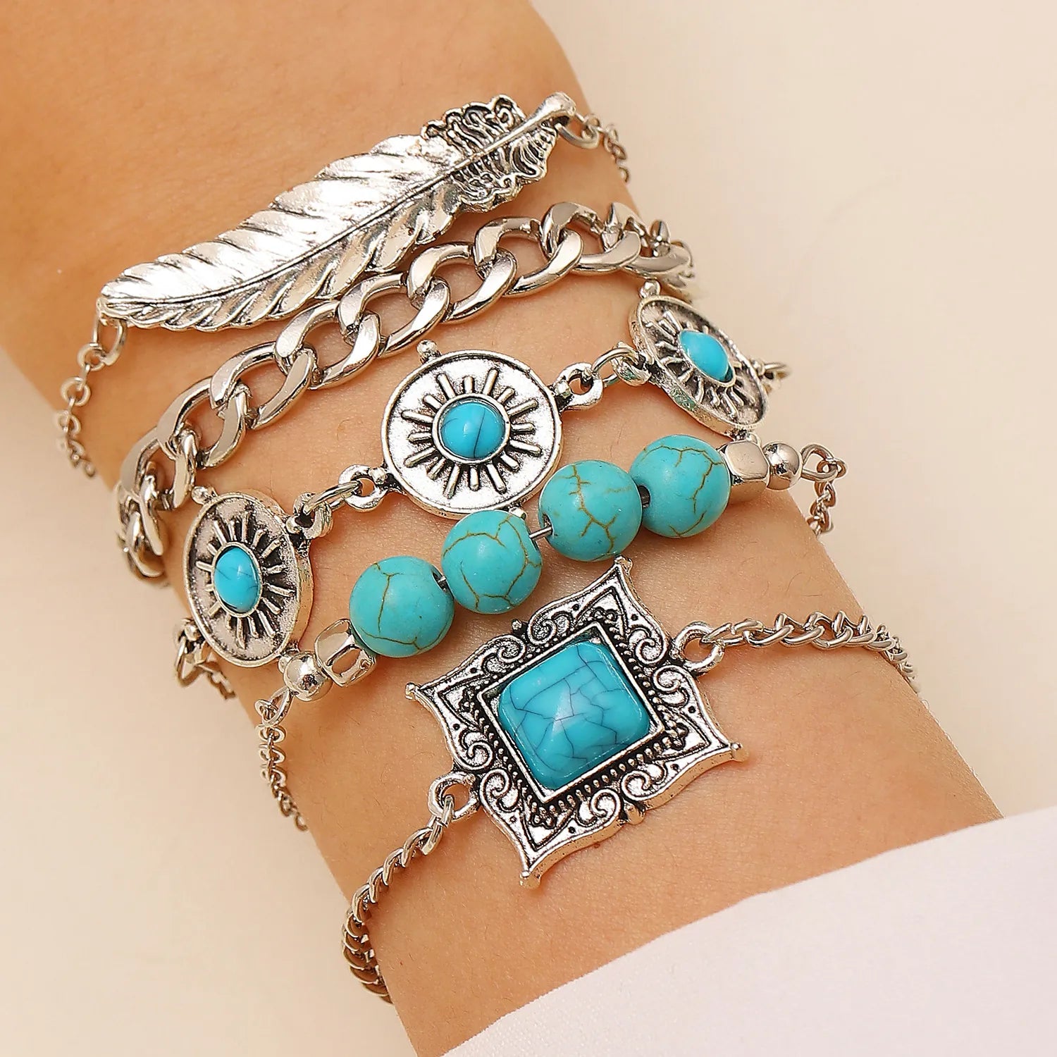 Bohemian Turquoise Bracelets- Sun Flower Chain Leaf Square Style
