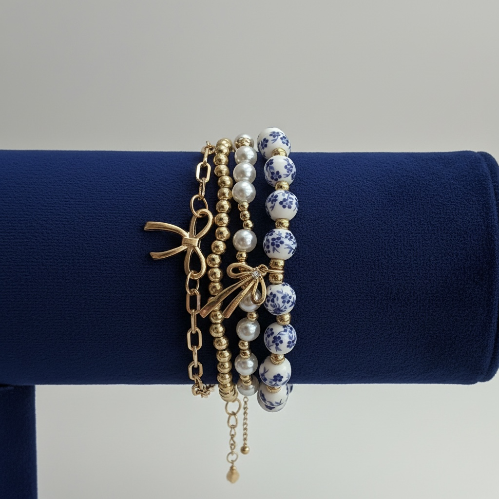 Floral Bead and Bow Bracelet Set