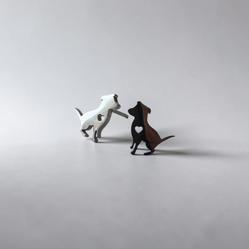 Cute Stainless Steel Animal Stud Earrings-Silver Dog with Heart