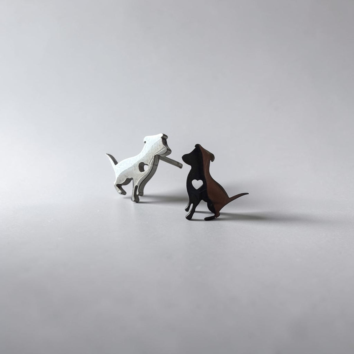Cute Stainless Steel Animal Stud Earrings-Silver Dog with Heart