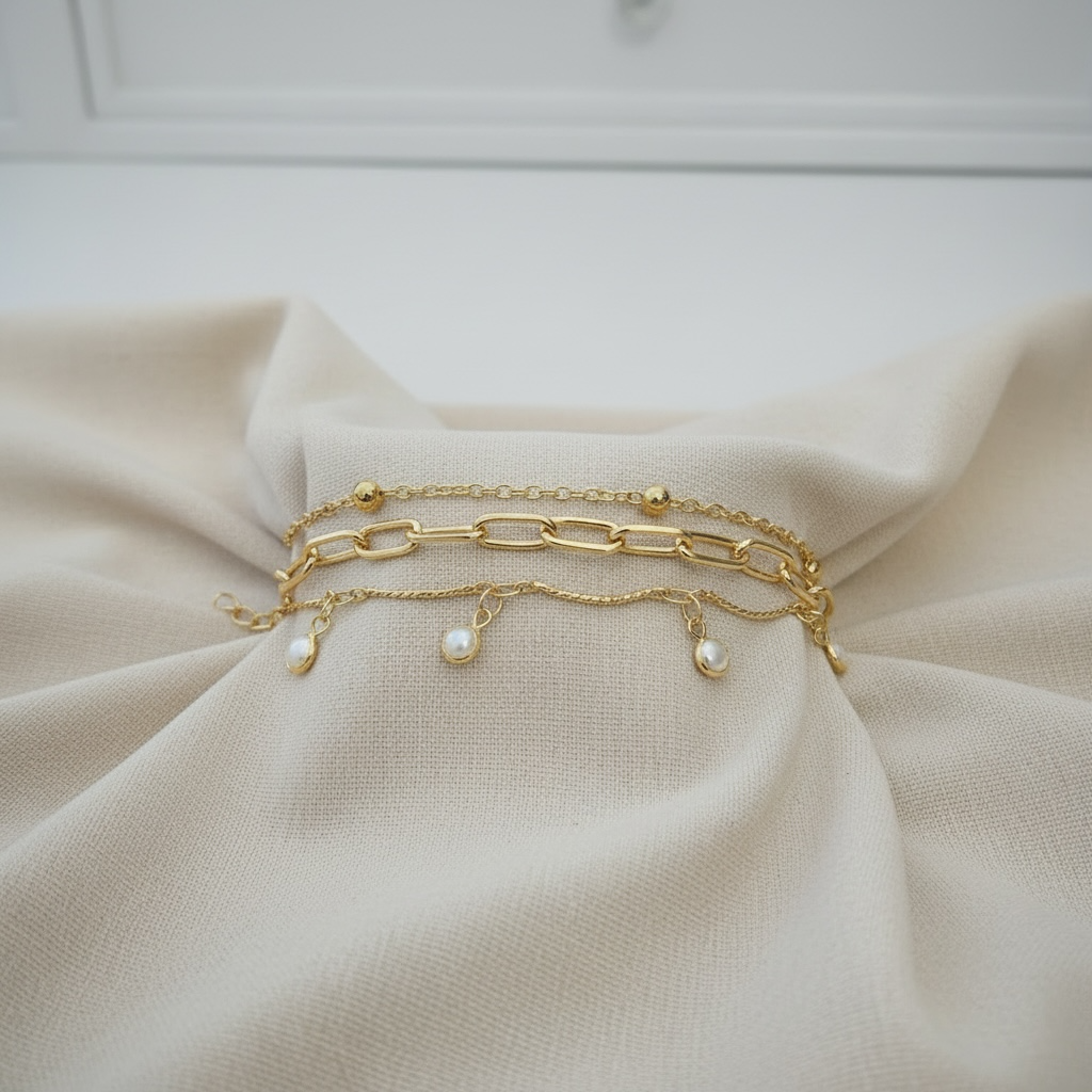 Gold Chain with White Mini Pearl Bracelet