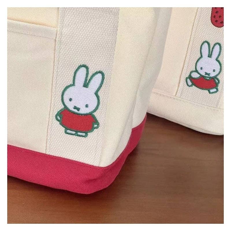 Cute Rabbit Embroidered Canvas Tote Bag: Red