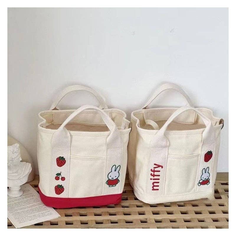 Cute Rabbit Embroidered Canvas Tote Bag: Red