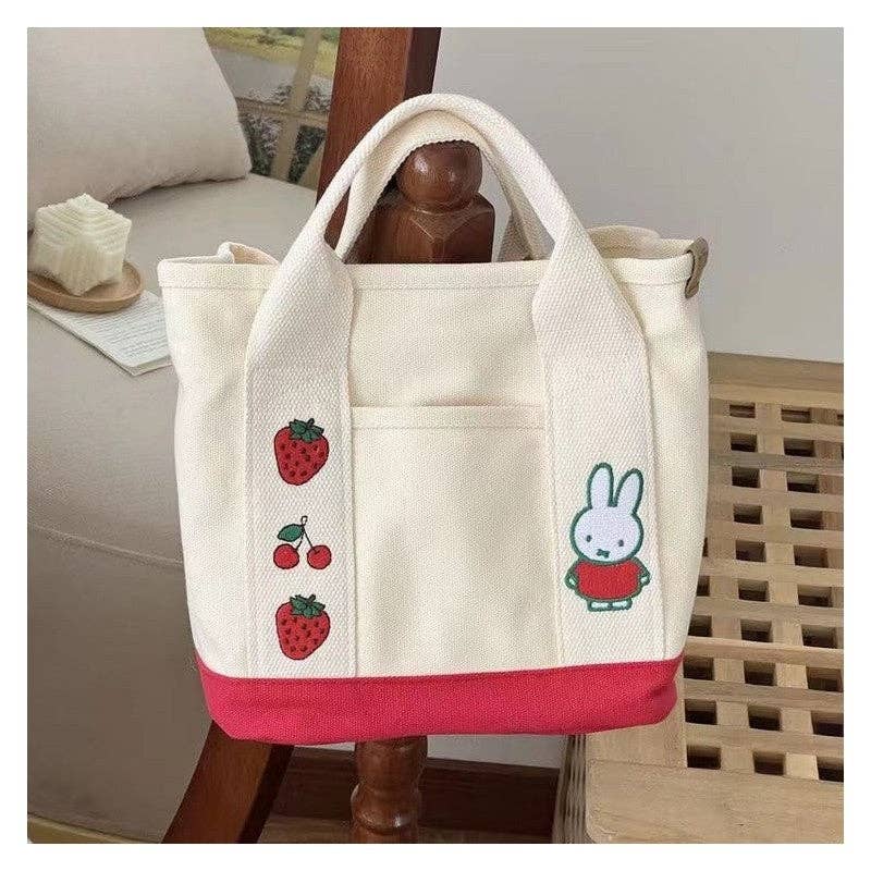 Cute Rabbit Embroidered Canvas Tote Bag: Red