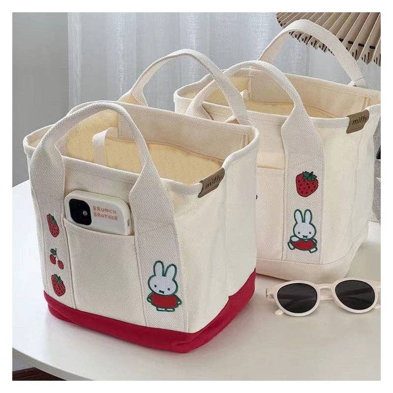 Cute Rabbit Embroidered Canvas Tote Bag: Red