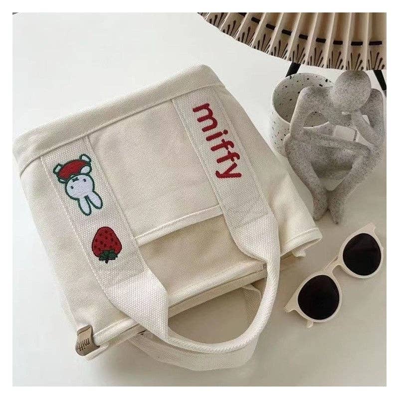 Cute Rabbit Embroidered Canvas Tote Bag: Red